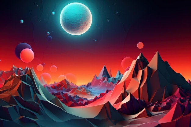 A digital art illustration of a planet and mountains.