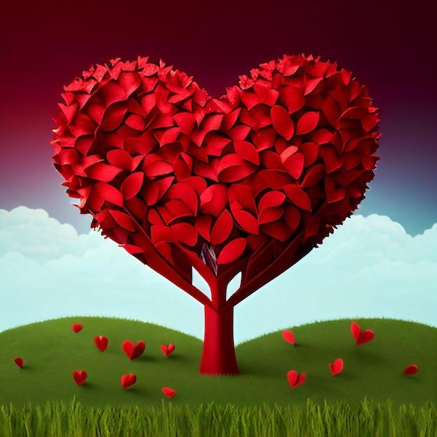 Digital art illustration of red blossom tree in heart shape in a green meadow Valentine tree for decoration romantic concept