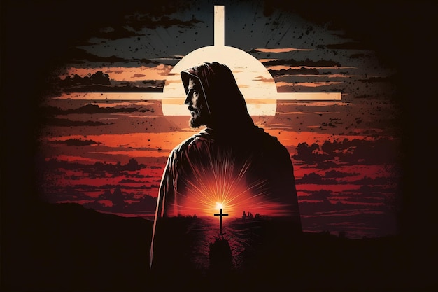 A Digital Art Illustration of the Resurrected Jesus Christ and Holy Cross