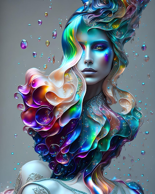 A digital art illustration of a woman with a rainbow colored hair.