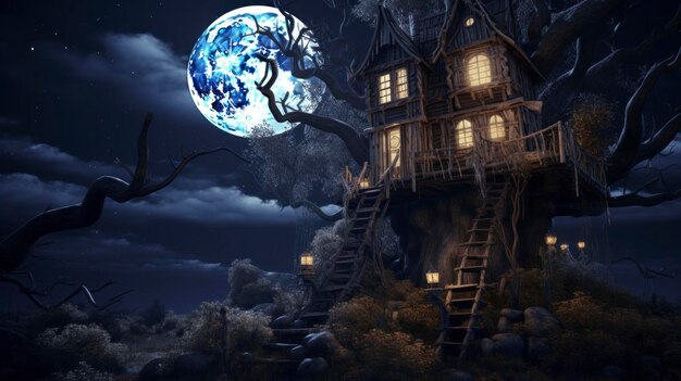 공포스러운 나무집의 초현실적인 야간 장면의 디지털 아트 이미지