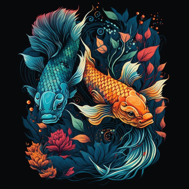 A digital art of a koi fish with a flower and leaves.