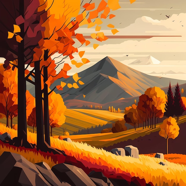 A digital art of a landscape with trees and mountains in the background.