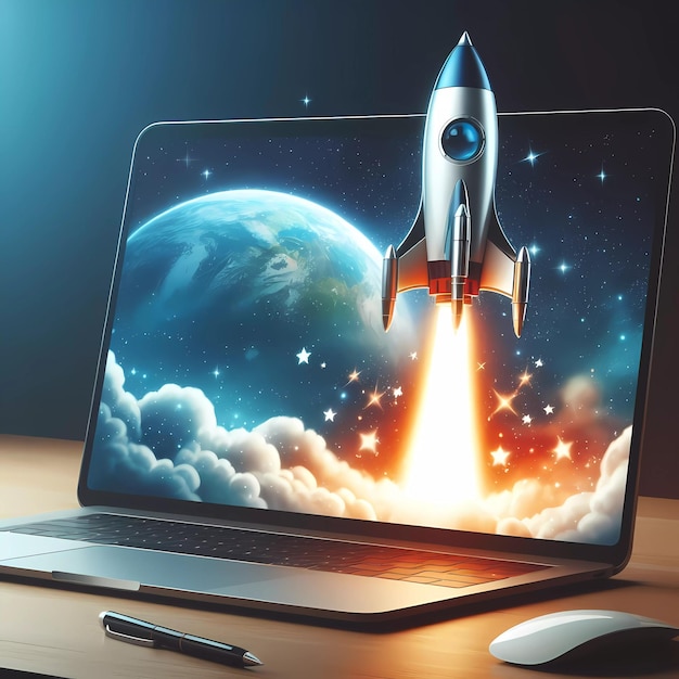 Photo digital art of launching space rocket from laptop screen internet business