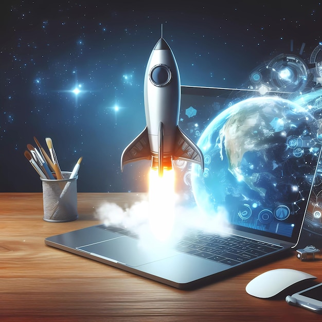 Photo digital art of launching space rocket from laptop screen internet business