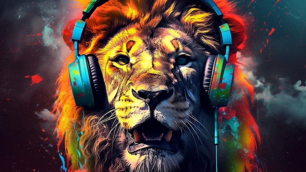 A digital art of a lion with a headphone