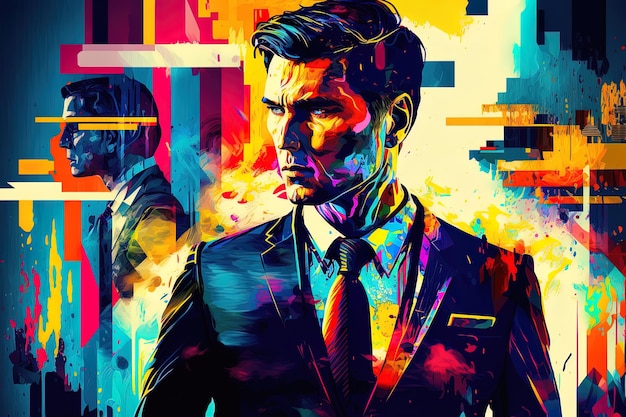 A digital art of a man in a suit with a colorful background.