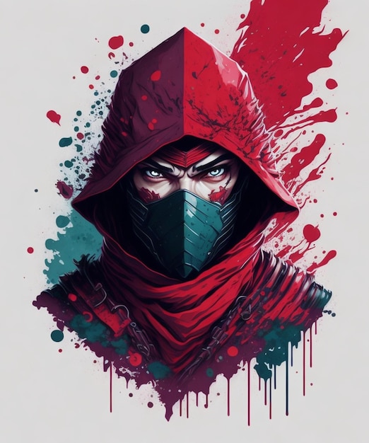 A digital art of a man wearing a mask and a hood with a red mask.