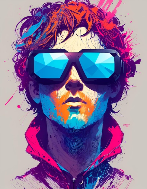 A digital art of a man with glasses on his face