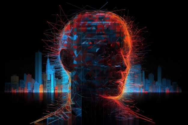 A digital art of a man with a neon blue and red brain