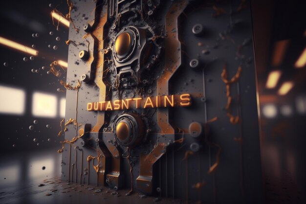 A digital art of a metal structure with the words outrivalns s in orange letters.