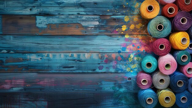 Digital art mimicking watercolor of colorful thread spools on wooden surface