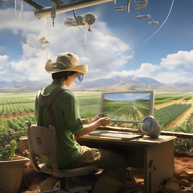 Цифровое искусство современного фермера, использующего передовые технологии на ферме