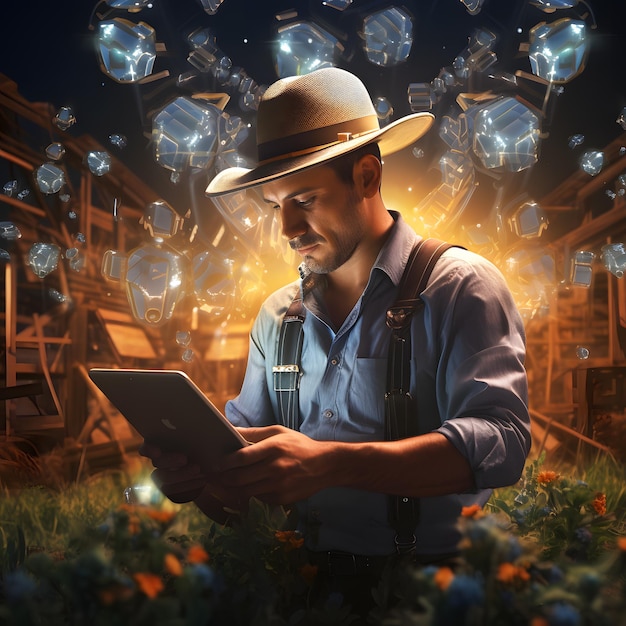 Цифровое искусство современного фермера, использующего передовые технологии на ферме