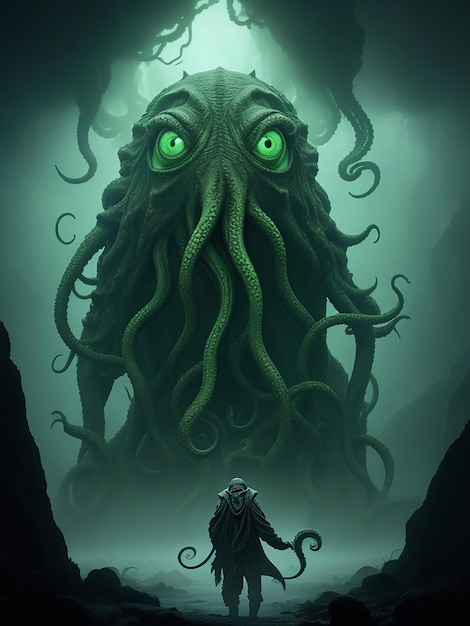 A digital art of a monster with three eyes and a green background with the text call of Cthulhu