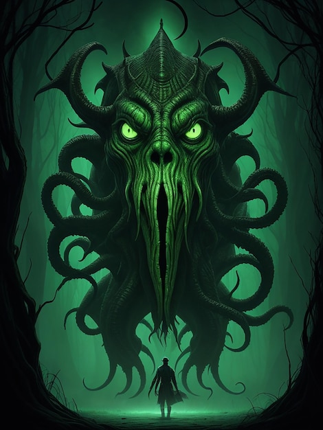 Photo a digital art of a monster with three eyes and a green background with the text call of cthulhu