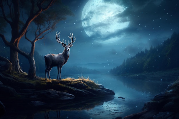 Digital art moon and deer wallpaper