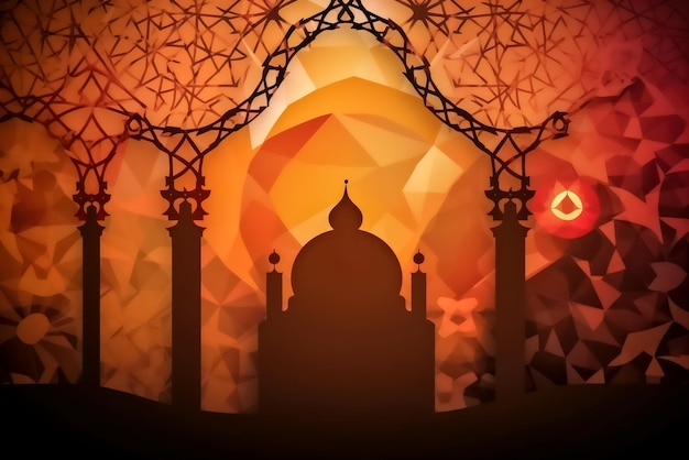 A digital art of a mosque with a dome and a sign that says ramadan.