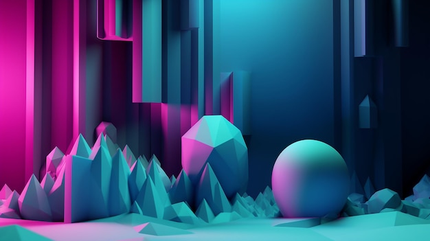 A digital art of a mountain with a blue and pink geometric design