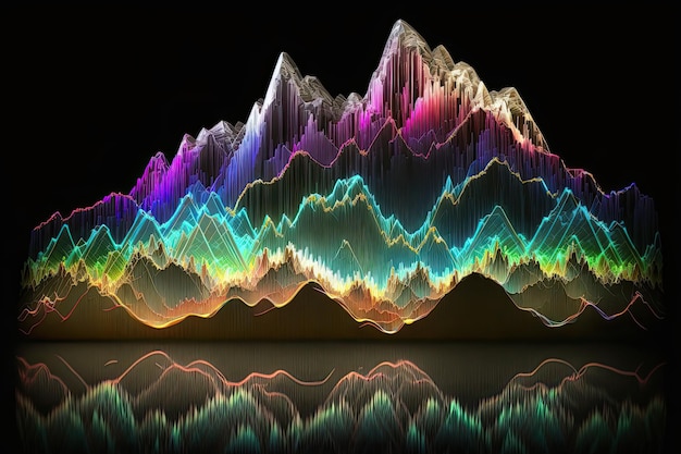 A digital art of a mountain with a rainbow colored background.