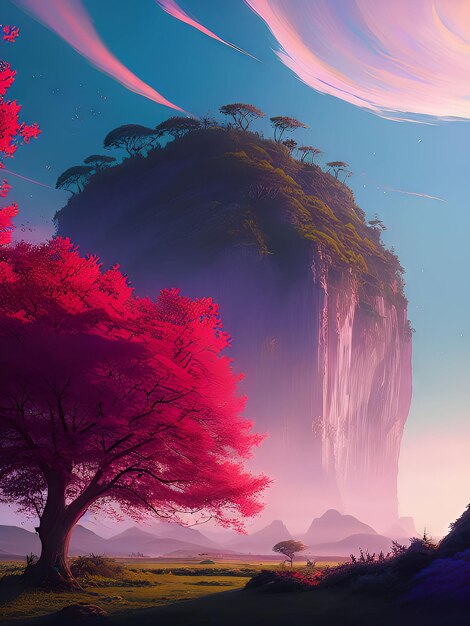 A digital art of a mountain with a tree and a pink tree