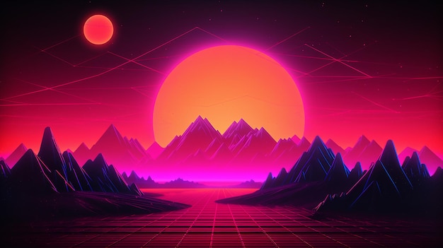 A digital art of mountains and a sun with a red circle in the background Generative ai