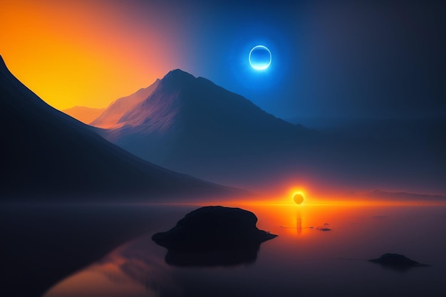 A digital art of mountains and a sun