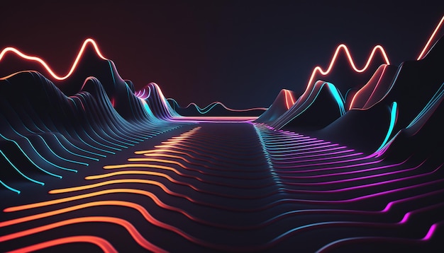 A digital art of mountains and waves with a black background