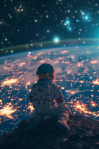 Фото Цифровое изображение женщины-астронавта, смотрящей на землю из космоса