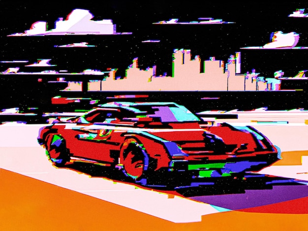 Фото Цифровое искусство рисует плакат спортивного автомобиля ландшафт с эффектом стиля gltich
