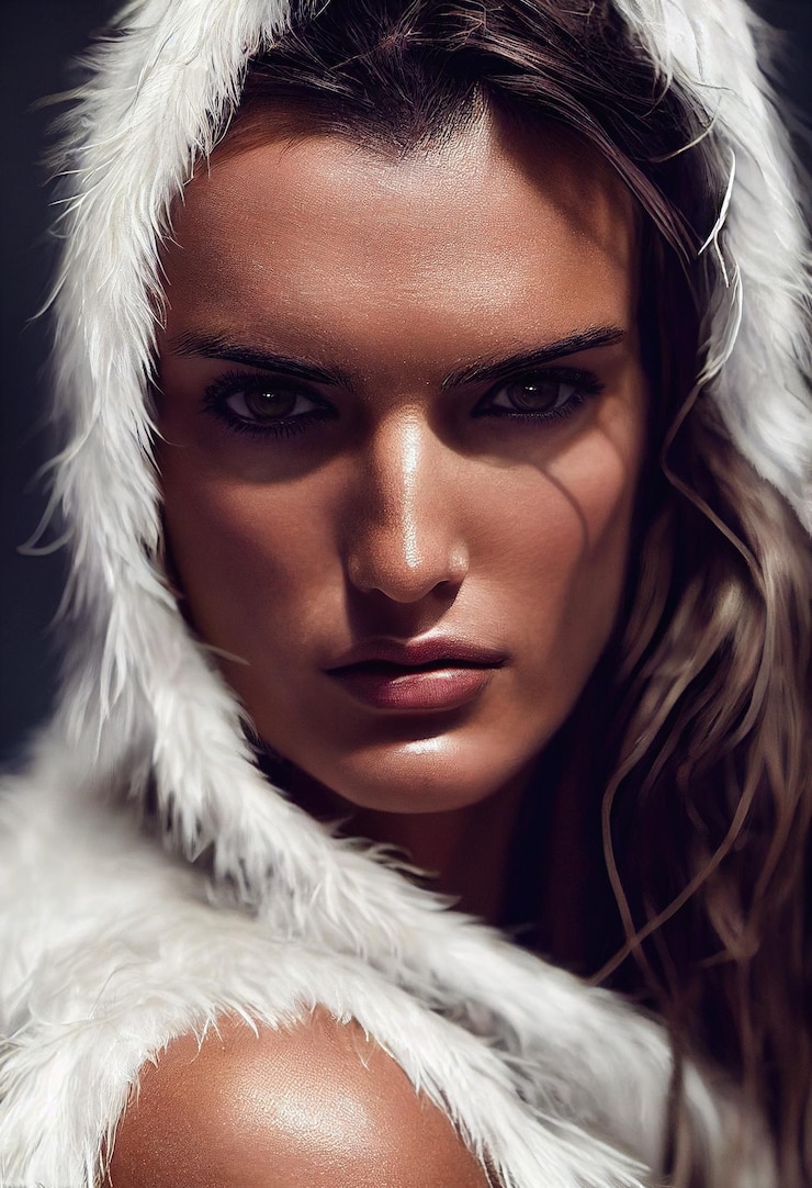 Photo digital art painting of hot fantasy woman in white fur fashion dress photo realistic illustration.