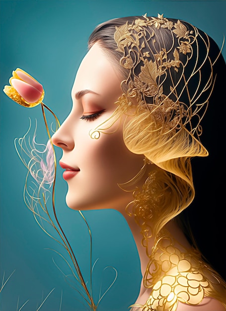 Digital art painting woman with flowers illustration