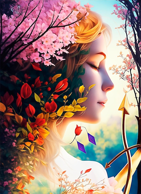 Digital art painting woman with flowers illustration