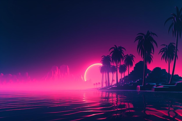 Photo a digital art of palm trees on a beach with a pink neon light.