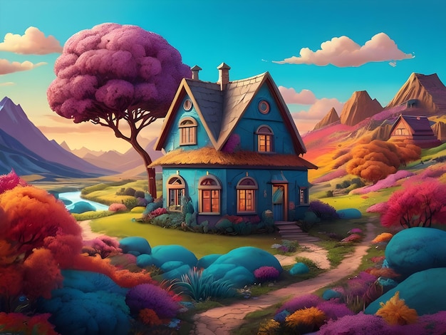 Фото Цифровое произведение искусства с изображением изолированного дома, окруженного ярким пейзажем, созданным ай