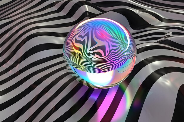 Foto un pezzo d'arte digitale di una sfera iridescente che galleggia su strisce di zebra bianche e nere