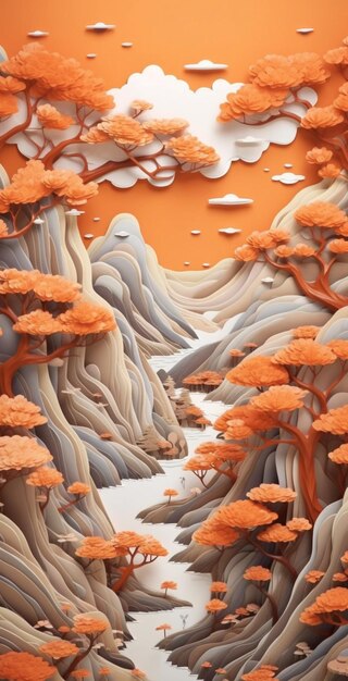 A digital art piece of a landscape with a mountain and trees.