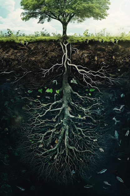 a digital art piece showcasing a series of interconnected roots underground