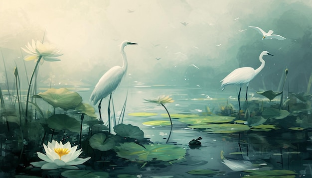 цифровое произведение искусства, изображающее спокойную сцену водно-болотных угодий с различными водными птицами и земноводными
