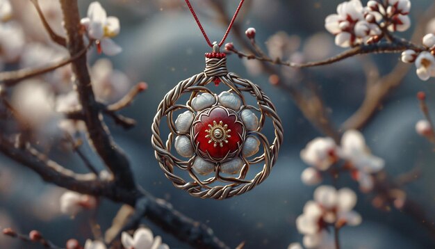 a digital art piece of a traditional Martisor amulet with intertwined red and white strings