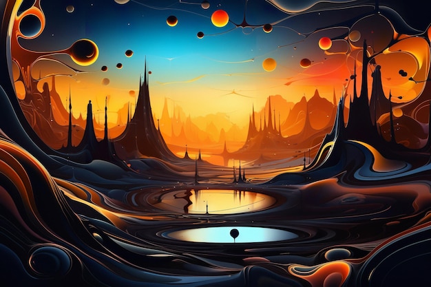 A digital art of a planet with a blue sky and planets