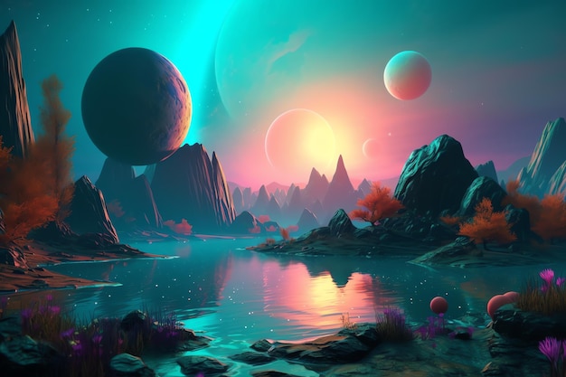 A digital art of a planet with a planet in the background