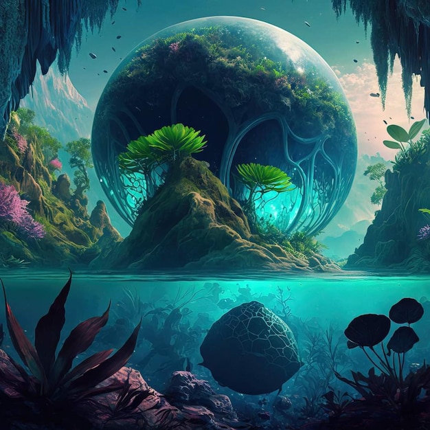 A digital art of a planet with a turtle on it