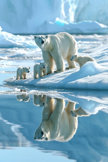 Foto arte digitale di un orso polare e dei suoi cuccioli su ghiaccioli che si sciolgono