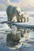 Photo digital art of a polar bear and cubs on melting ice floes