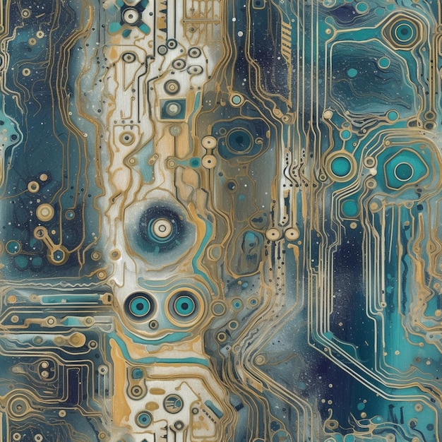 青と金色の回路基板のデジタル アート プリント。