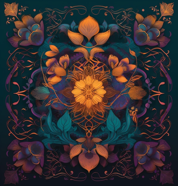 A digital art print of a floral design with a purple background.