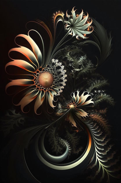 A digital art print of a flower with a black background.