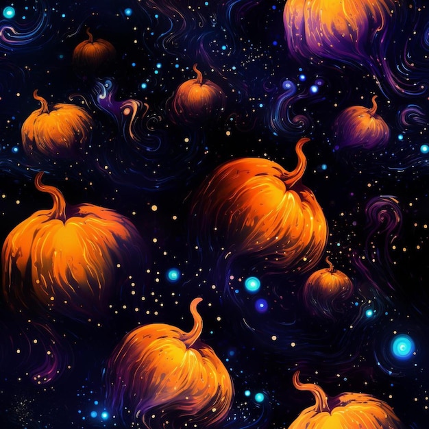 Photo a digital art print of a galaxy with orange pumpkins and stars.