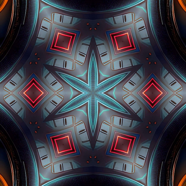 A digital art print of a geometric design with a blue and orange background.